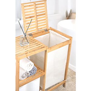 Digithome Bambu 3 Raflı Kumaş Sepetli Banyo Düzenleyici Kirli Çamaşır Sepeti D/8 Jw-22750 C1-1-289