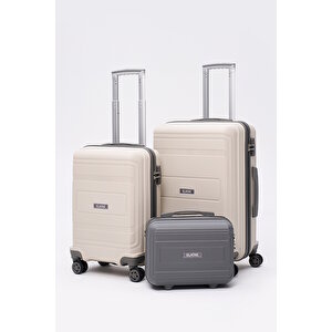 Premium Poliropilen Kırılmaz 3'lü Valiz Seti Orta - Kabin Boy Ve Makyaj Bej - Antrasit V305