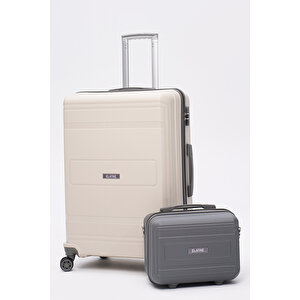 Premium Polipropilen Kırılmaz 2'li Valiz Seti Büyük Boy Ve Makyaj 2'li Set Bej - Antrasit V305