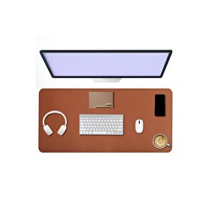Kahverengi Deri Mouse Pad Dikişli Kenar  Çift Yönlü Kullanım Masa Matı Sümen 90x40 Xl