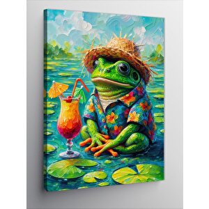 Kanvas Tablo Hawaii Şapkalı Kurbağa 100x140 cm