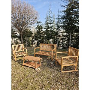 Doğal Ahşap Bahçe Oturma Takımı - 3'lü Set (2 Tekli + 1 İkili Koltuk)