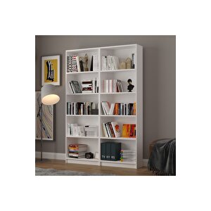 5 Raflı (5 Bölmeli̇) 2 Modüllü Kitaplık Çalışma Odası Ofis Modern Dekoratif Kitaplık Akça Ağaç Beyaz