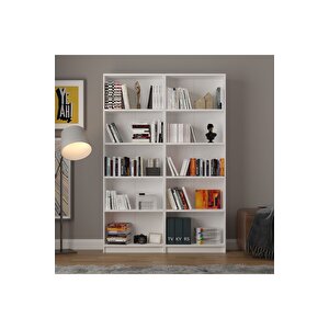 5 Raflı (5 Bölmeli̇) 2 Modüllü Kitaplık Çalışma Odası Ofis Modern Dekoratif Kitaplık Akça Ağaç Beyaz