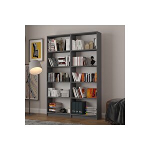 5 Raflı (5 Bölmeli̇) 2 Modüllü Kitaplık Çalışma Odası Ofis Modern Dekoratif Kitaplık Akça Ağaç Antrasit Gri