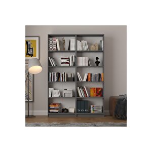 5 Raflı (5 Bölmeli̇) 2 Modüllü Kitaplık Çalışma Odası Ofis Modern Dekoratif Kitaplık Akça Ağaç Antrasit Gri