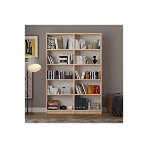 5 Raflı (5 Bölmeli̇) 2 Modüllü Kitaplık Çalışma Odası Ofis Modern Dekoratif Kitaplık Akça Ağaç Safir Meşe