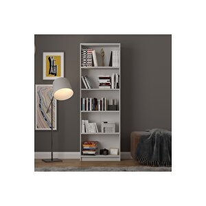 5 Raflı (5 Bölmeli̇) Kitaplık Çalışma Odası Ofis Modern Dekoratif Kitaplık Akça Ağaç Kül Gri