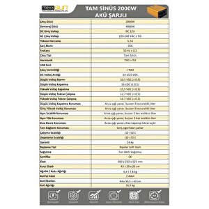 12v Volt-2000w Watt Şarjlı Tam Sinüs Ekranlı İnverter