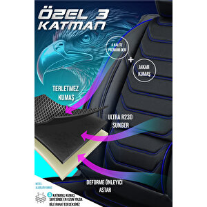 Hyundai İ20 Lüx Deri Oto Koltuk Kılıfı Ön Arka Takım Set Eagle Si̇yah Mavi̇