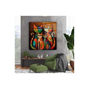 Kedi Ailesi Cam Tablo | Hediyelik, Dekoratif, Ofis, Mutfak 30x30 cm
