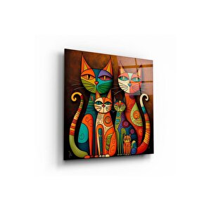 Kedi Ailesi Cam Tablo | Hediyelik, Dekoratif, Ofis, Mutfak 50x50 cm