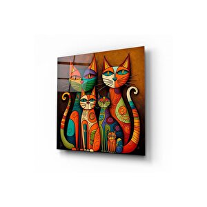 Kedi Ailesi Cam Tablo | Hediyelik, Dekoratif, Ofis, Mutfak 70x70 cm