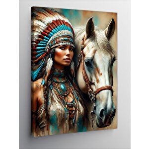 Kanvas Tablo Kızılderili Kadın Ve At 50x70 cm