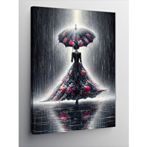Kanvas Tablo Yağmurda Yürüyen Kadın Ve Şemsiyesi 70x100 cm
