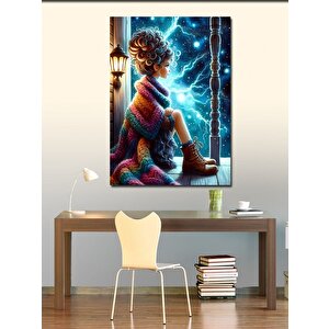 Kanvas Tablo Yağmurda Verandada Oturan Kız 100x140 cm