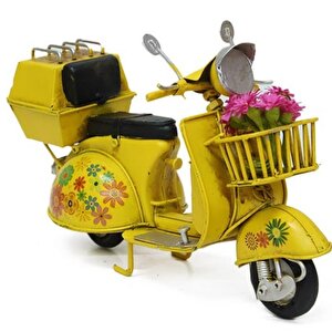 Dekoratif Dayanıklı Metal Scooter Sepetli Sarı  Renk C1323