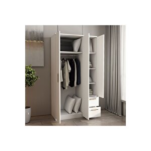 Merlin 3 Kapaklı, Çekmeceli, Raflı Gardırop, Yatak Odası Dolap, Elbise Dolabı Beyaz