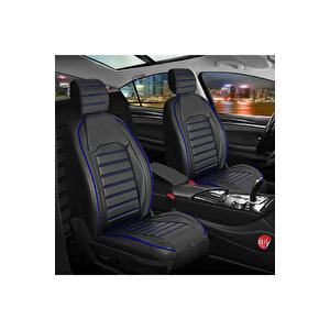 Seat Leon Lüx Deri Oto Koltuk Kılıfı Ön Arka Takım Set Çizgili Desen Si̇yah Mavi̇ Siyah - Mavi