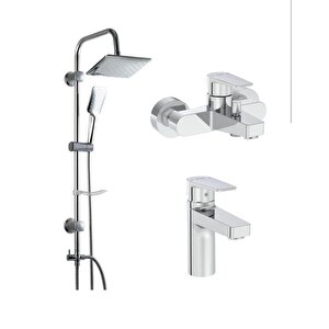 Flow Square Krom Banyo Bataryası + Lavabo Bataryası Duxxa Trend Tepe Duş Seti