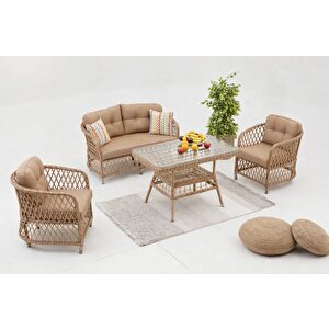 Palm Alüminyum Rattan 2+1+1+Masa  Bahçe Balkon Oturma Grubu MİNDER CAPPUCİNO RENKGELMEKTEDİR