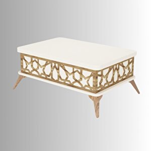 Zeren Lazer Desenli Akıllı Sehpa Beyaz Renkli Ahşap Ayaklı Çok Amaçlı Açılır Kapanır 90x39x60 Cm
