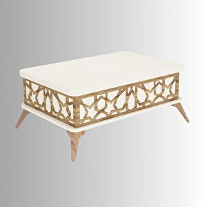 Zeren Lazer Desenli Akıllı Sehpa Beyaz Renkli Ahşap Ayaklı Çok Amaçlı Açılır Kapanır 90x39x60 Cm