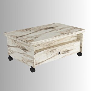 Serra Akıllı Sehpa Efes Mermer Desenli Tekerlekli Çift Çekmeceli 4 Kademe Fonksiyonlu 90x67 Cm