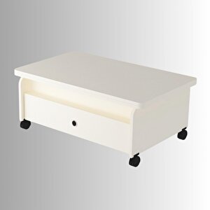 Serra Akıllı Sehpa Beyaz Renkli Tekerlekli Açılır Kapanır 2 Çekmeceli Fonksiyonlu Tabela 90x60 Cm