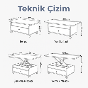 Serra Akıllı Sehpa Beyaz Renkli Tekerlekli Açılır Kapanır 2 Çekmeceli Fonksiyonlu Tabela 90x60 Cm