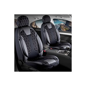 Skoda Rapid Lüx Deri Detaylı Oto Koltuk Kılıfı Ön Arka Takım Cyrus Si̇yah Beyaz