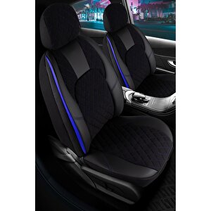 Kia Soul Lüx Yarı Deri Oto Koltuk Kılıfı Ön Arka Takım Chester Si̇yah Mavi̇