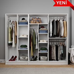 Kardelen Serisi 220 Cm Mat Beyaz 6 Kapılı 9 Raflı Elbise Dolabı - Gardırop Seti