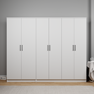 Kardelen Serisi 220 Cm Mat Beyaz 6 Kapılı 9 Raflı Elbise Dolabı - Gardırop Seti