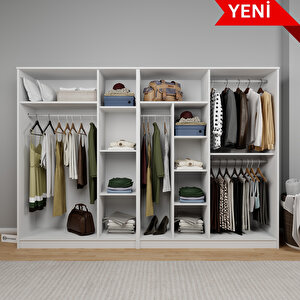 Kardelen Serisi Beyaz 7 Kapaklı 10 Raflı 260 Cm Elbise Dolabı - Gardırop Seti, Derinlik : 50 Cm