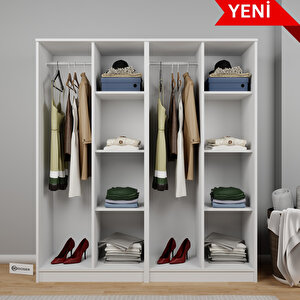 Kardelen Serisi 160 Cm Mat Beyaz 4 Kapılı 8 Raflı Elbise Dolabı - Gardırop Seti