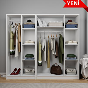 Kardelen Serisi 200 Cm Mat Beyaz 5 Kapılı 9 Raflı Elbise Dolabı - Gardırop Seti