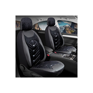 Renault Fluence Lüx Deri Kadife Detaylı Oto Koltuk Kılıfı Ön Arka Takım Prosev Si̇yah Gri̇ Siyah - Gri