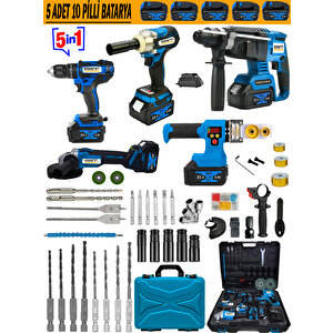 Akülü 5 Li Set E-05m Şarjlı Matkap + Kırıcı Delici + Somun Sıkma + Taşlama + Boru Kaynak Makinesi Taşıma Çantalı