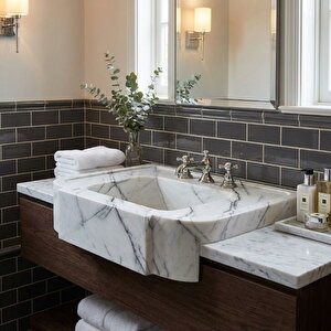 New York Beyaz Cilalı Duvara Montaj Mermer Lavabo Cvnymp1828