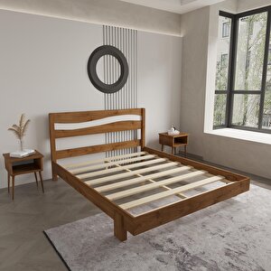 Okyanus New Model Beyaz Detaylı Ceviz Renk Çam Ahşap Karyola Ve İki Komodin Set 140x200 cm