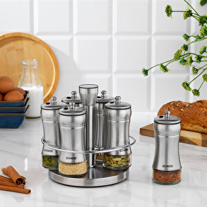 Retro Döner Standlı Baharat Takımı 7 Parça-Inox