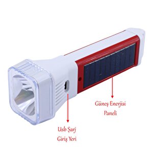 Güneş Enerjili Şarjlı Solar 5 Işık Modu Led El Feneri Usb Şarj Kamp Avcı Lambası Gece Lamba