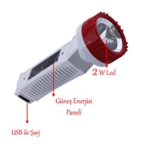 Güneş Enerjili Şarjlı Solar 2 Ledli El Feneri Usb Şarj Kamp Avcı Lambası Gece Lamba