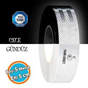 Tüvtürk Onaylı Bant Beyaz Belgeli Reflektörlü Reflektif Fosforlu Şerit Bant İkaz Bandı 5 Metre 5 Cm