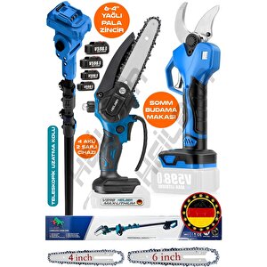 Alman Teleskopi̇k V598 Mavi̇ Akülü Yağli 4 Ve 6 İnç Budama Testereresi̇ Ve 50mm Budama Makasi +4 Akü