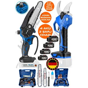 Alman Çi̇ft Akülü V598 Mavi̇ Akülü Yağli 4 Ve 6 İnç Budama Testereresi̇ Ve 50mm Budama Makasi +4 Akü