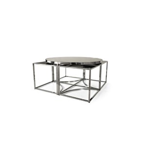 Sosa Metal Crom Füme Aynalı Yuvarlak Orta Sehpa 4+1