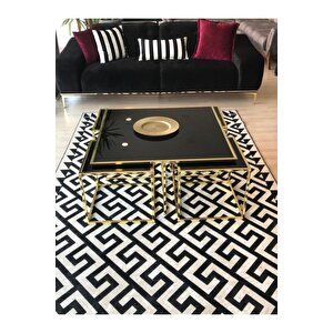 Kante Metal Gold Kaplama Siyah Camlı Kare Orta Sehpa 4+1