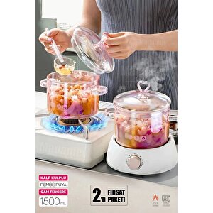 2li Pembe Kalp Figürlü Cam Tencere Isıya Dayanıklı Borosilikat Termisil Ocak Üstü Kulplu 1500cc